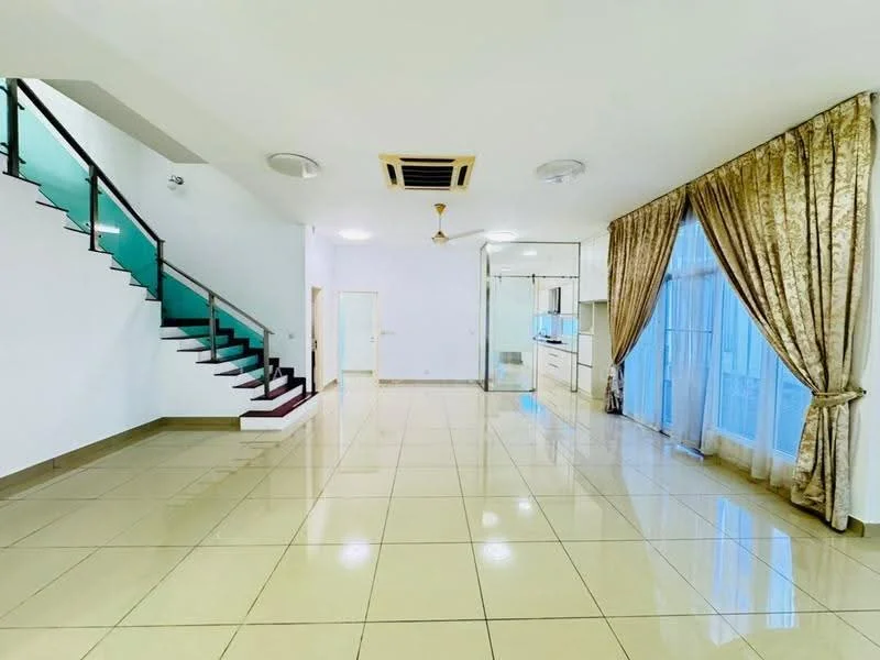 Living features: glossy beige tile flooring, white painted walls, ceiling with recessed downlights, 5-blade ceiling fan, large glass sliding doors, sheer curtains, decorative curtains with gold pattern, open layout, staircase with wooden treads and glass railing, air conditioning unit; style: modern.
