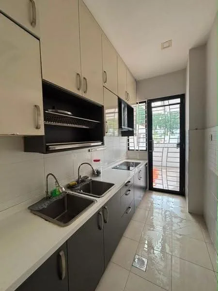 Kitchen features: double-bowl stainless-steel sink, chrome pull-down faucet, white laminate cabinetry, dark grey lower cabinets, white tiled backsplash, white ceramic tile flooring, built-in shelving above sink, window with black metal frame, door leading to outdoor area, recessed lighting; style: modern; view: garden.