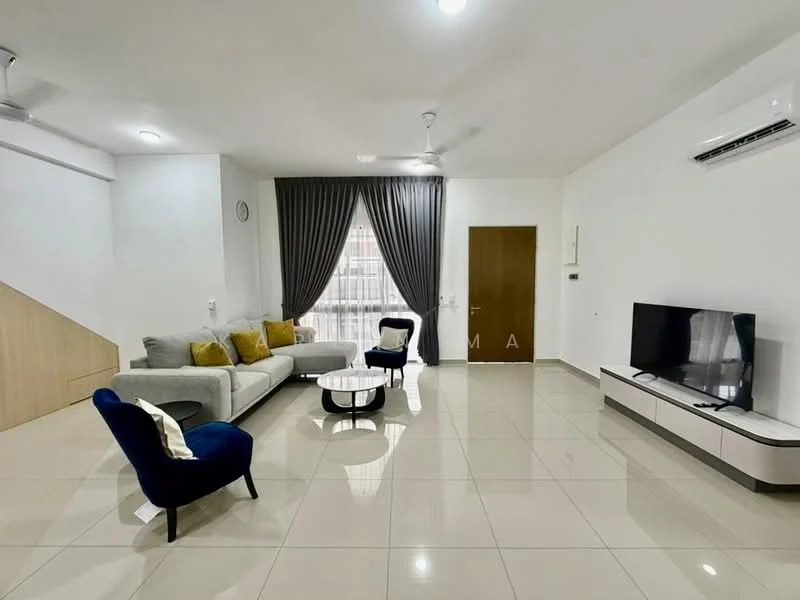 Living features: 3-seater fabric sofa in light grey, 2 accent chairs in blue, round coffee table with black and white design, floor-to-ceiling windows with sheer curtains, wall-mounted TV, white TV console, light-colored wall with wood paneling, recessed downlights, ceiling fan, glossy tile flooring, decorative wall clock; style: modern.