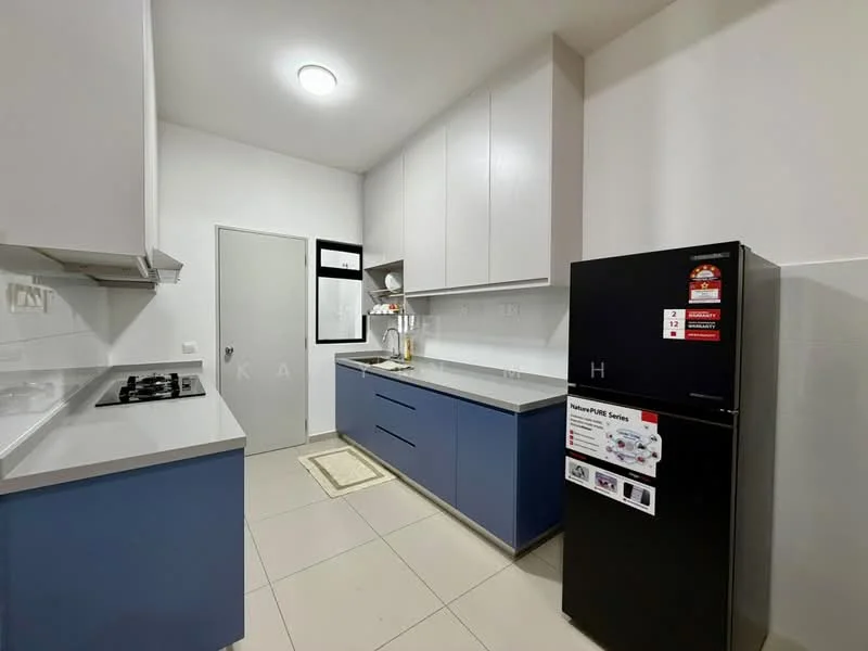 Kitchen features: white upper cabinets, blue lower cabinets, stainless-steel gas hob, stainless-steel sink, chrome pull-down faucet, black refrigerator, white tiled backsplash, light grey tiled flooring, recessed ceiling lights, wall-mounted kitchen hood, countertop with space for appliances, kitchen rug; style: modern.