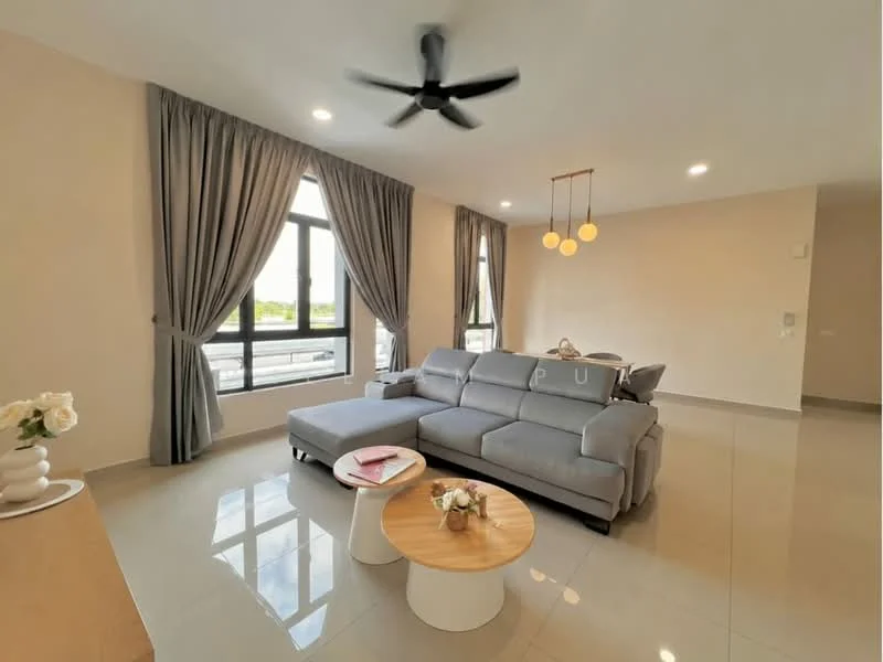 Living features: L-shape sectional sofa in grey, coffee table, pendant light with three bulbs, 5-blade ceiling fan with light, floor-to-ceiling windows, curtains in light grey, polished tile flooring, neutral painted walls; style: modern; view: city.
