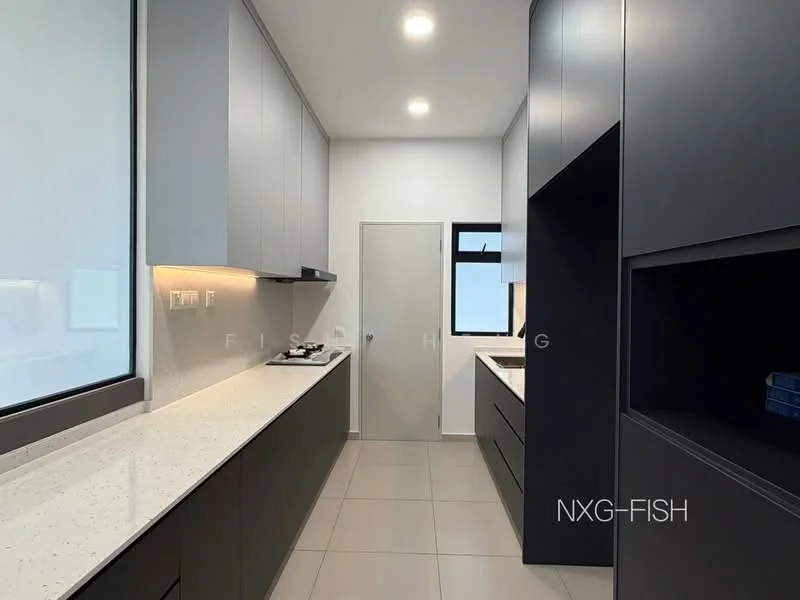 Kitchen features: white speckled granite countertop, dark grey flat-panel cabinets, built-in oven, stainless-steel sink, chrome pull-down faucet, tile flooring, wall-mounted cabinets, window with black frame, door to utility area, recessed downlights; style: modern.