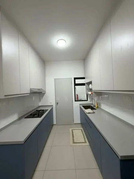 Kitchen features: white upper cabinets, blue lower cabinets, grey countertop, built-in gas stove, single-bowl stainless-steel sink, chrome pull-down faucet, tile flooring, recessed ceiling light, window above sink, kitchen rug; style: modern.