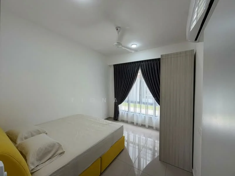 Bedroom features: queen-size bed, upholstered headboard, 2 decorative pillows, floor-to-ceiling window, sheer curtains, blackout curtains, 1 wall-mounted split AC, ceiling fan, white painted walls, glossy tile flooring, built-in wardrobe; style: modern; view: garden.