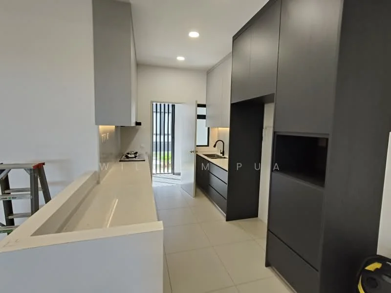 Kitchen features: white quartz countertop, black cabinetry, stainless-steel sink, chrome pull-down faucet, built-in gas stove, wall-mounted oven, tile backsplash, recessed LED downlights, floor-to-ceiling cabinets, sliding glass door, grey tile flooring; style: modern; view: garden.