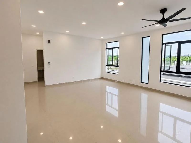 Living features: white painted walls, glossy ceramic tile flooring, recessed downlights, 5-blade ceiling fan, floor-to-ceiling windows, sliding glass door, natural light, open layout; style: modern; view: garden.