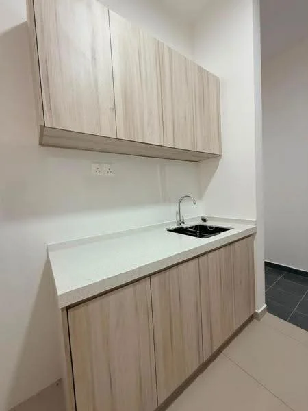 Kitchen features: light wood cabinetry, white quartz countertop, single-bowl stainless-steel sink, chrome pull-down faucet, wall-mounted cabinets, tile backsplash, grey floor tiles, neutral wall colour; style: modern.