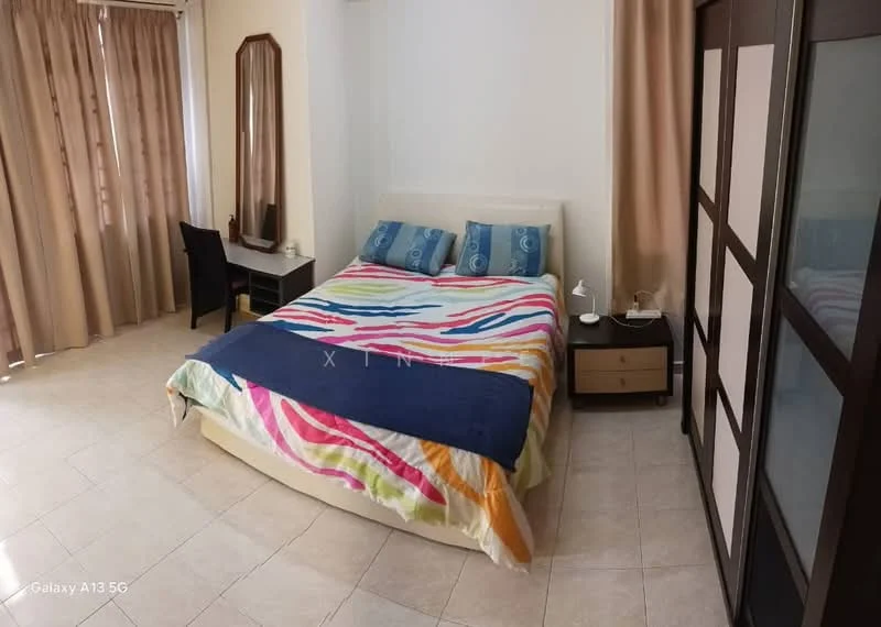 Bedroom features: king-size bed with colorful bedding, upholstered headboard, 2 bedside lamps, wooden bedside table, dressing table with mirror, floor-to-ceiling curtains, tiled flooring, built-in wardrobe with sliding doors; style: modern.