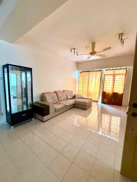 Living features: 3-seater fabric sofa in beige, ceiling fan, large windows with sheer curtains, glossy tile flooring, glass display cabinet, neutral painted walls, recessed lighting, natural light from windows; style: modern.