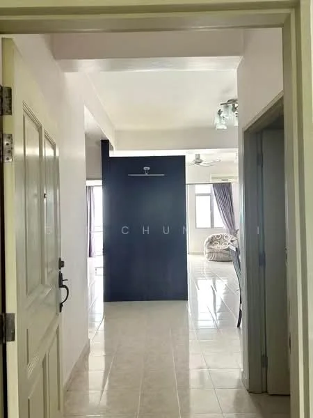 Room features: white painted walls, glossy tile flooring, ceiling with recessed lighting, doorway leading to another room, doorway leading to a bathroom, large windows with curtains, open layout, neutral color scheme; style: modern.