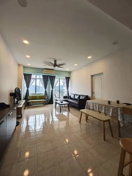 Living features: cream painted walls, glossy tile flooring, 5-blade ceiling fan with light, floor-to-ceiling windows, sliding glass door, sheer curtains, sofa in black leather, coffee table, TV console, area rug with geometric pattern, wall-mounted TV, decorative wall art; style: modern; view: city.