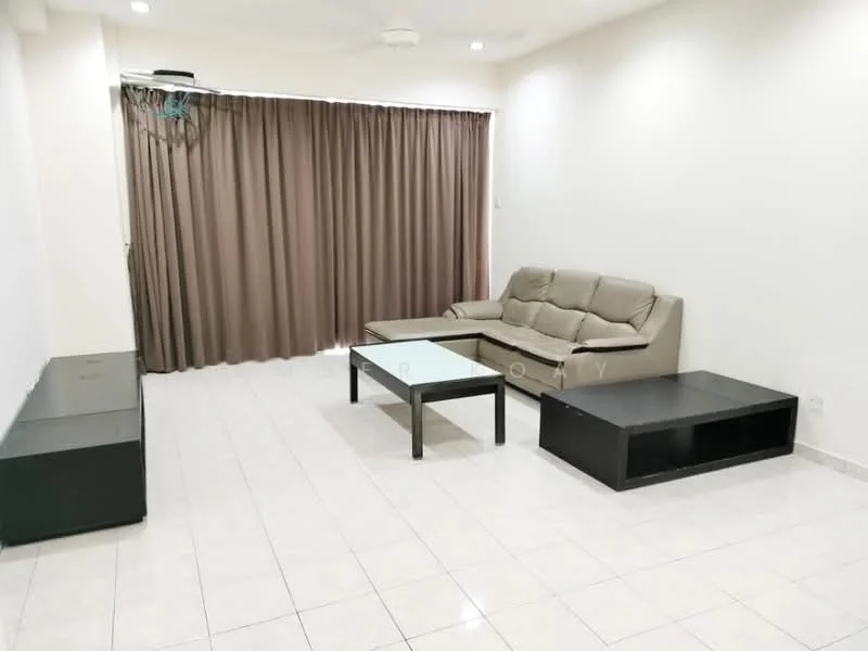 Living features: light grey leather sofa, glass coffee table, black TV console, black side table, white tiled flooring, cream painted walls, ceiling fan, floor-to-ceiling curtains; style: modern.