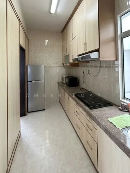 Kitchen features: light wood cabinetry, grey countertop, built-in oven, stainless-steel fridge, electric cooktop, microwave, single-bowl stainless-steel sink, window with natural light, ceramic tile flooring, wall tiles with decorative border, overhead lighting, kitchen towel on countertop; style: modern.