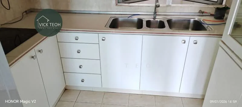 Kitchen features: white cabinetry, double-bowl stainless-steel sink, chrome pull-down faucet, countertop with light color, four kitchen drawers, three cabinet doors, tile flooring, window above sink; style: modern.