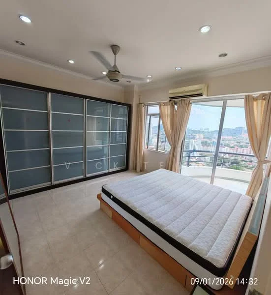 Bedroom features: queen-size bed, upholstered headboard, built-in wardrobe with sliding doors, floor-to-ceiling windows, curtains, ceiling fan, recessed downlights, cream tiled flooring, city view; style: modern; view: city.