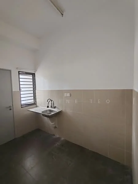 Kitchen features: single-bowl stainless-steel sink, chrome pull-down faucet, white painted walls, beige tiled backsplash, grey floor tiles, window with horizontal slats, wall-mounted cabinet, countertop space; style: modern.