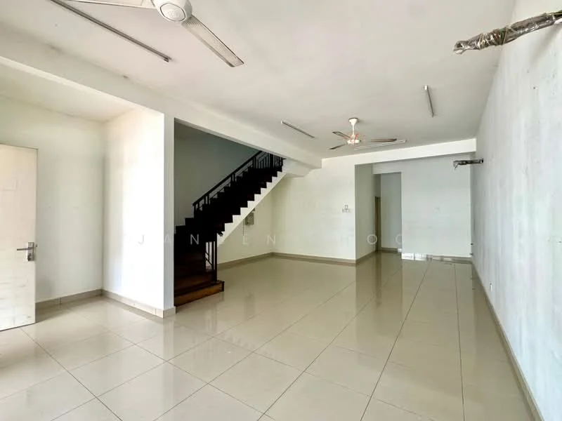 Room features: white painted walls, ceramic tile flooring, 2 ceiling fans, staircase leading to upper floor, open layout, large windows for natural light, no visible furniture, neutral color scheme; style: modern.