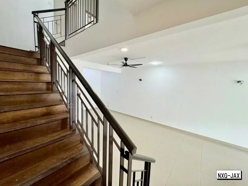 Room features: wooden staircase, metal railing, white painted walls, ceiling fan, tile flooring, recessed downlights, large open space, natural light from windows; style: modern.