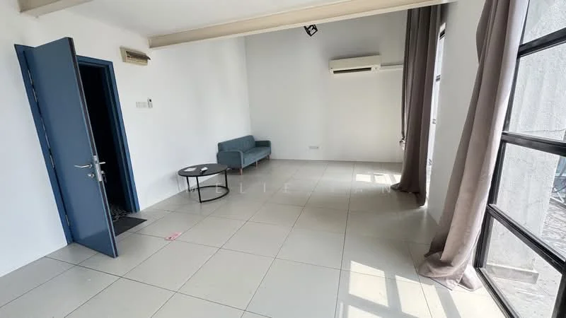 Living features: white painted walls, tile flooring, exposed ceiling beams, floor-to-ceiling windows, grey fabric sofa, round coffee table, wall-mounted split AC, sheer curtains; style: modern.
