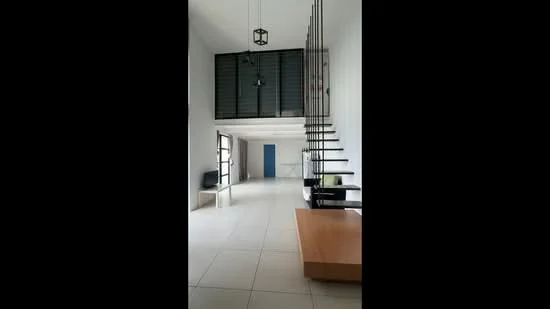 Room features: white painted walls, tile flooring, open space layout, staircase with wooden steps, metal railing, large windows, pendant light fixture, built-in bench, blue door, high ceiling, minimalist design; style: modern.