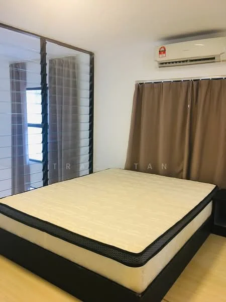 Bedroom features: queen-size bed base, mattress without bedding, 1 wall-mounted split AC, floor-to-ceiling windows, sheer curtains, brown blackout curtains, light wood flooring, decorative mirror, built-in wardrobe with sliding doors; style: modern.