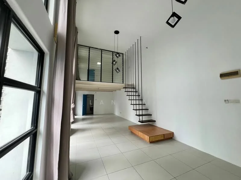 Living features: white painted walls, tile flooring, exposed ceiling, metal staircase, wooden platform, large windows, curtains, hanging light fixtures; style: modern.
