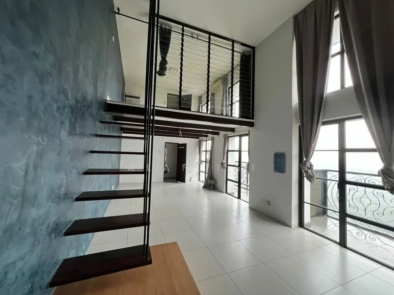 Room features: open space layout, blue accent wall, white painted walls, large floor-to-ceiling windows, metal railing staircase, wooden staircase, grey curtains, tile flooring, high ceiling, natural light, view of the outside; style: modern; view: city.