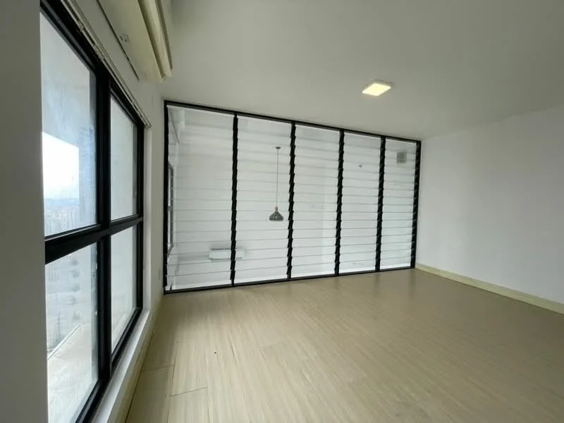 Room features: large floor-to-ceiling windows, black metal window frames, white painted walls, light wood flooring, recessed ceiling lights, sliding glass door, horizontal louvered window, minimalist design; style: modern; view: city.