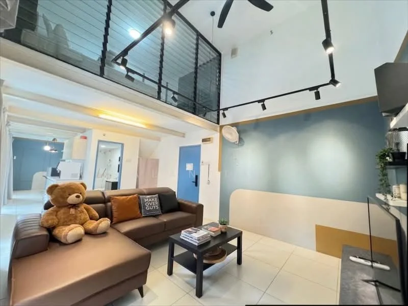 Living features: 3-seater brown leather sofa, decorative teddy bear, coffee table, wall-mounted TV, white walls, blue accent wall, recessed downlights, ceiling fan, open layout, tile flooring, black metal railing, large windows, air conditioning unit; style: modern. Room features: white walls, tile flooring, open layout, kitchen area visible.