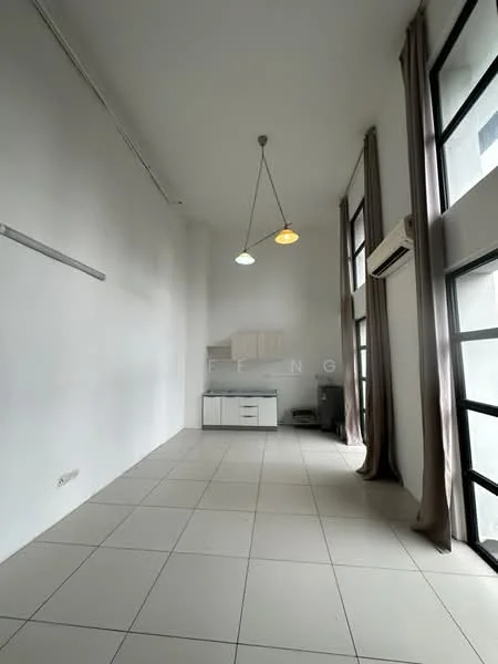 Room features: white painted walls, tiled flooring, large windows, curtains, kitchenette with cabinets, recessed lighting, 2 pendant lights, wall-mounted air conditioning unit; style: modern.