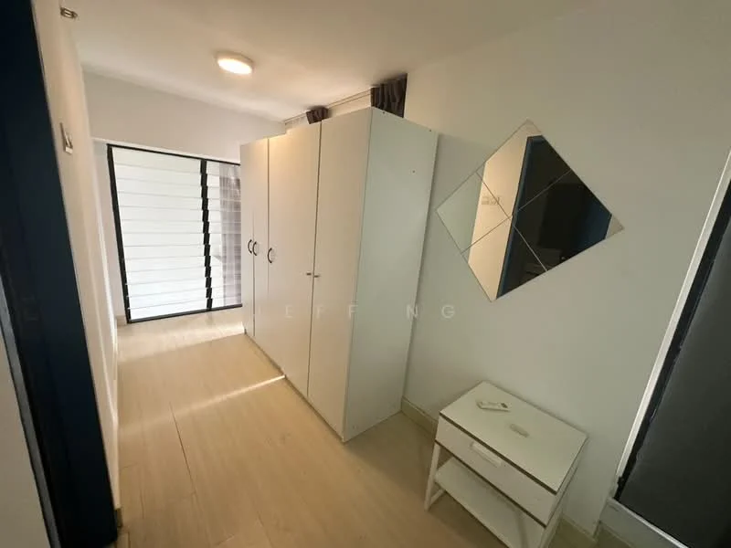 Room features: white painted walls, light wood flooring, built-in wardrobe with sliding doors, full-length mirror, ceiling light fixture, small bedside table, sliding glass door, curtains; style: modern.