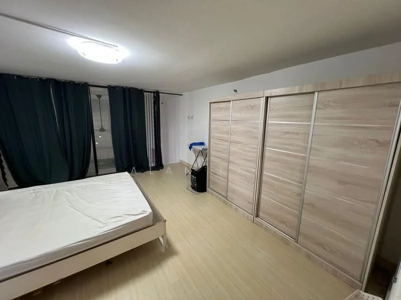 Bedroom features: queen-size bed frame without mattress, built-in wardrobe with sliding doors, light-colored wooden flooring, white painted walls, ceiling light fixture, blackout curtains, window with view to outside, laundry basket; style: modern.