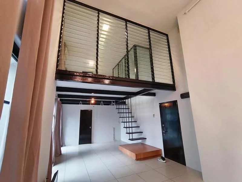 Living features: white painted walls, tile flooring, staircase with wooden steps, metal railing, large windows, door leading to exterior, wooden platform, curtains, high ceiling, open space layout; style: modern.