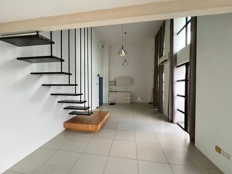 Living features: open-plan layout, large windows, white painted walls, tile flooring, exposed staircase with metal steps, wooden platform, recessed lighting, air conditioning unit, curtains, pendant lighting; style: modern. Kitchen features: white cabinetry, countertop, built-in appliances, sink, tile backsplash; style: modern.