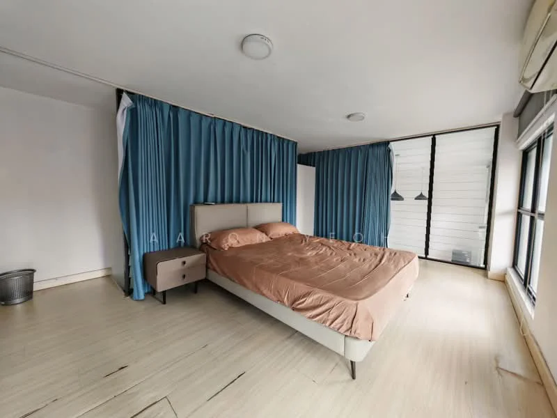 Bedroom features: king-size bed with beige bedding, upholstered headboard, nightstand with drawer, floor-to-ceiling windows, blue curtains, recessed ceiling lights, light-colored wooden flooring, wall-mounted pendant lights; style: modern.