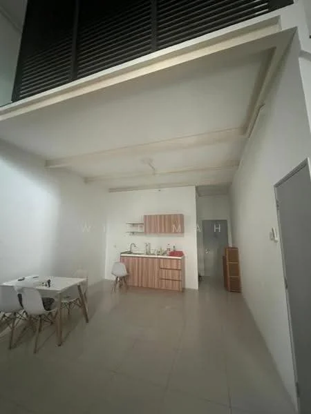 Kitchen features: white painted walls, ceiling with recessed lighting, light-colored cabinetry, kitchen countertop, stainless-steel sink, chrome faucet, built-in kitchen cabinets, open shelving, tile flooring, dining table with white chairs; style: modern. Room features: white painted walls, tile flooring.