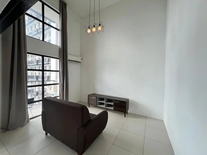 Living features: floor-to-ceiling windows, grey fabric sofa, wooden TV console, hanging pendant light with multiple bulbs, white painted walls, cream tiled flooring, curtains, wall-mounted split AC; style: modern; view: city.
