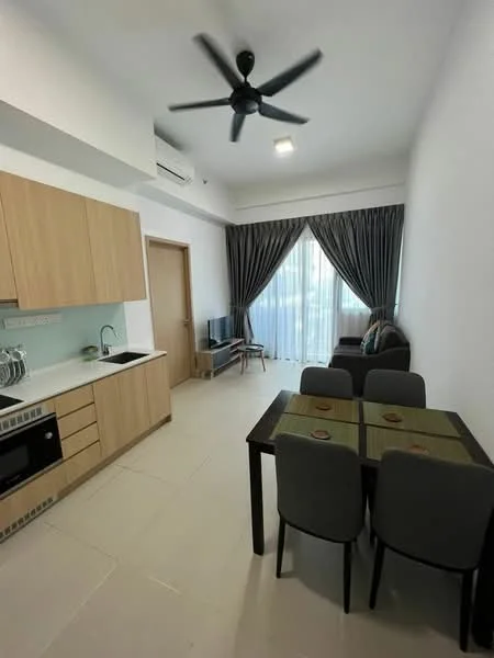 Living features: 5-blade ceiling fan with light, floor-to-ceiling windows with sheer curtains, light grey walls, white ceiling, cream tiled flooring, brown wooden cabinetry, stainless-steel sink, built-in oven, microwave, black refrigerator, black TV console, 2-seater fabric sofa in dark grey, 4-seater dining table with black finish, decorative table settings; style: modern; view: garden.