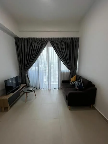 Living features: brown fabric sofa, black and yellow decorative cushions, wooden coffee table, wall-mounted TV, light-colored tiled flooring, floor-to-ceiling windows, sheer curtains, blackout curtains, neutral painted walls, recessed lighting; style: modern; view: city.