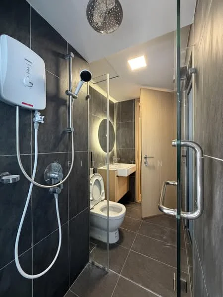 Bathroom features: walk-in shower with glass enclosure, rain shower head, handheld shower, chrome basin mixer, single-sink vanity with wood cabinet, framed mirror, one-piece toilet, grey tile cladding on walls, dark tile flooring, recessed LED downlights, wall-mounted water heater; style: modern.