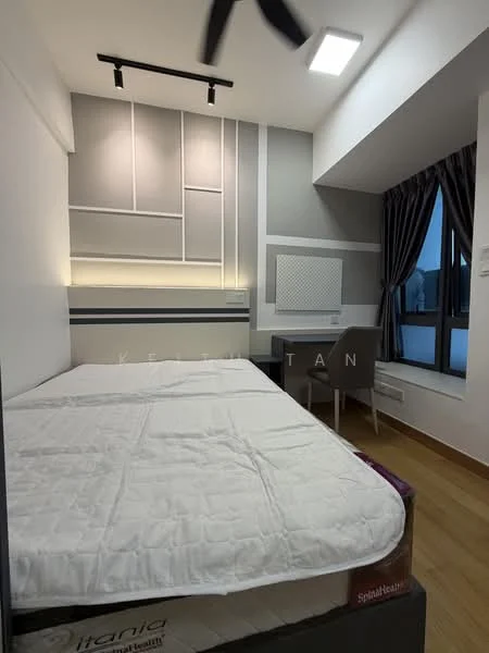 Bedroom features: queen-size bed, wooden flooring, grey accent wall, white painted walls, recessed downlights, 5-blade ceiling fan, floor-to-ceiling windows, curtains, study desk, chair, wall-mounted air conditioning unit; style: modern.