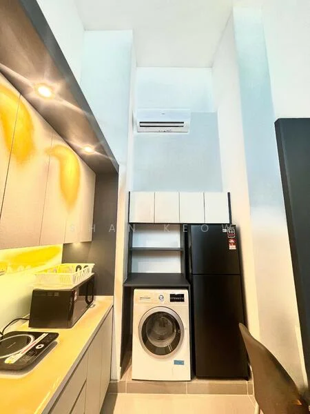 Laundry features: white cabinetry, built-in shelves, front-load washing machine, black refrigerator, countertop, wall-mounted split AC, grey walls, tile flooring, recessed LED downlights; style: modern.