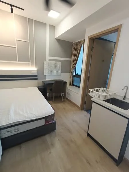 Bedroom features: queen-size bed, grey upholstered headboard, wooden flooring, white walls with grey accent wall, desk with chair, window with curtain, built-in wardrobe, kitchenette with sink, countertop with storage, recessed lighting; style: modern.