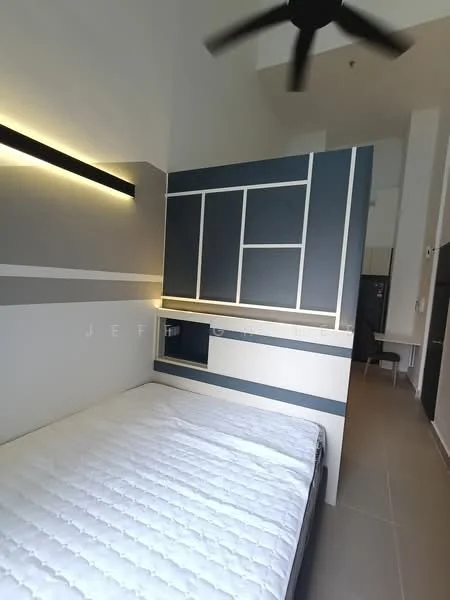 Bedroom features: queen-size bed, wall-mounted headboard with geometric design, grey accent wall, white painted walls, recessed LED lighting, ceiling fan, built-in shelving unit, tile flooring; style: modern.