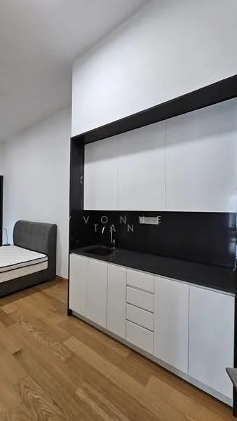 Room features: white cabinetry, black countertop, single-bowl stainless-steel sink, chrome faucet, wood flooring, white painted walls; style: modern.