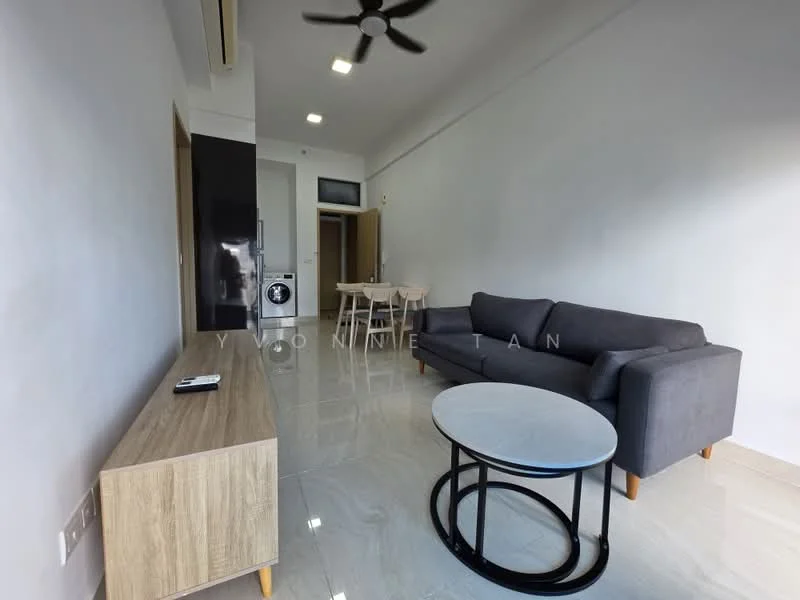 Living features: grey fabric sofa, round coffee table with black base, wooden TV console, wall-mounted TV, recessed downlights, ceiling fan, glossy tile flooring, white painted walls; style: modern. Dining features: 4-seater dining table, light wood dining chairs; style: modern. Kitchen features: stainless-steel fridge, washing machine, white cabinetry, countertop, open layout; style: modern.