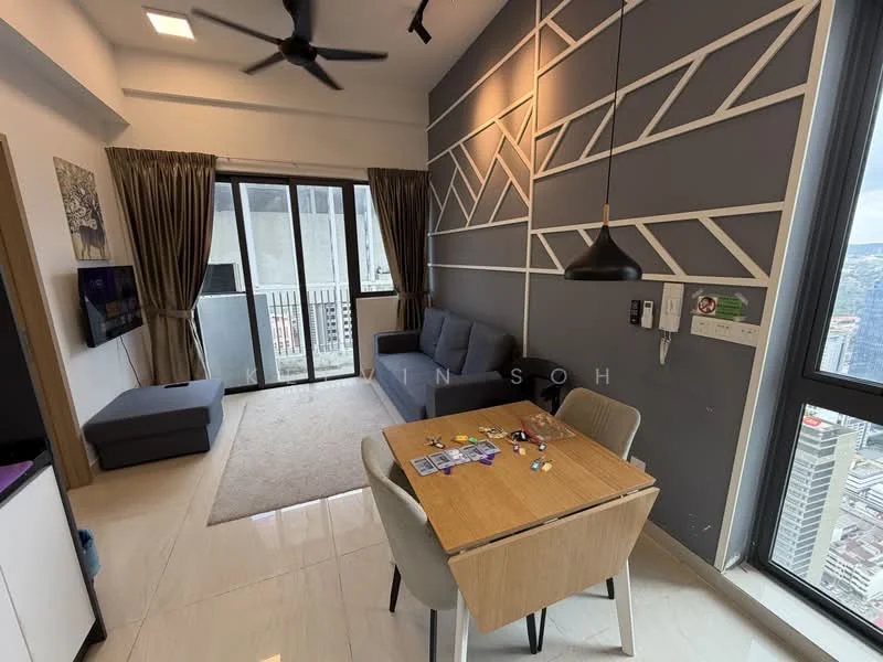Living features: grey fabric sofa, 2-seater sofa, coffee table, wall-mounted TV, TV console, floor-to-ceiling windows, curtains, ceiling fan, decorative wall with geometric pattern, light-colored tiled flooring, area rug, dining table with chairs; style: modern; view: city.