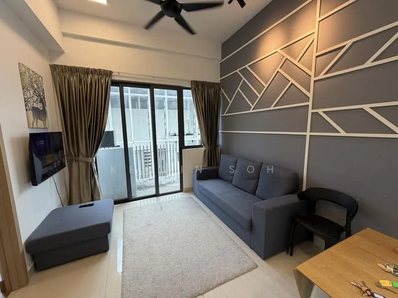 Living features: grey fabric sofa, wall-mounted TV, ceiling fan, light-coloured area rug, floor-to-ceiling windows, curtains, decorative accent wall with geometric pattern, wooden side table, black chair, tile flooring; style: modern.