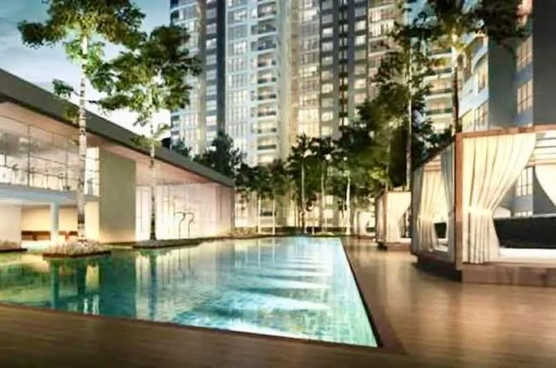 Exterior type: high-rise condominium; features: infinity pool, pool deck with loungers, landscaped garden, surrounded by mature trees, modern clubhouse, glass facade, outdoor cabanas, wooden decking; style: modern.