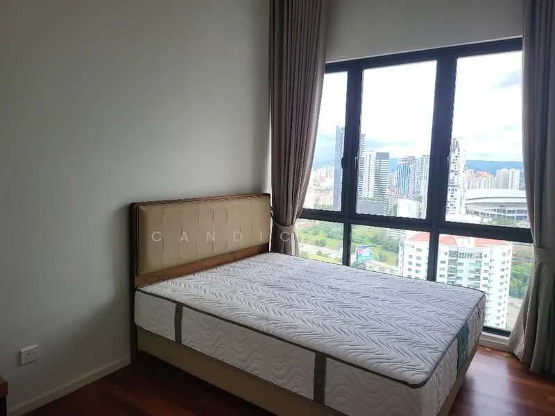 Bedroom features: king-size bed, upholstered headboard, floor-to-ceiling windows, curtains, wooden flooring, city view, decorative wall, nightstand; style: modern; view: city.